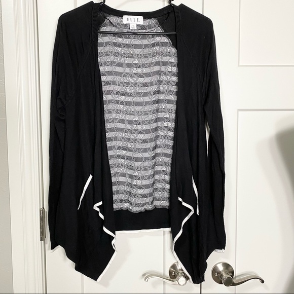 ELLE waterfall cardigan black white faux lace size small - Picture 2 of 10